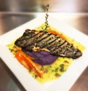Herb Grilled Rainbow Trout with Okinawa Purée-Roasted Carrots and Lemon Caper Butter 3.3